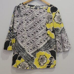 LAFAYETTE 148 top floral print yellow white cotton 6 artsy light casual popover
